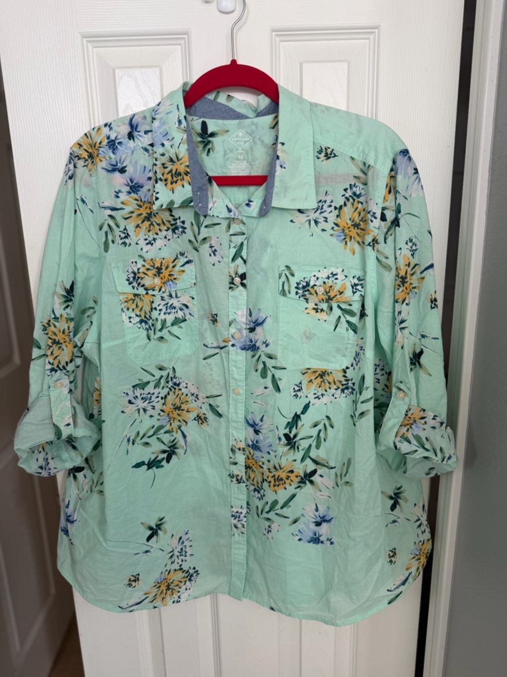 St. John's Bay Mint Green Floral Blouse with Red Accent